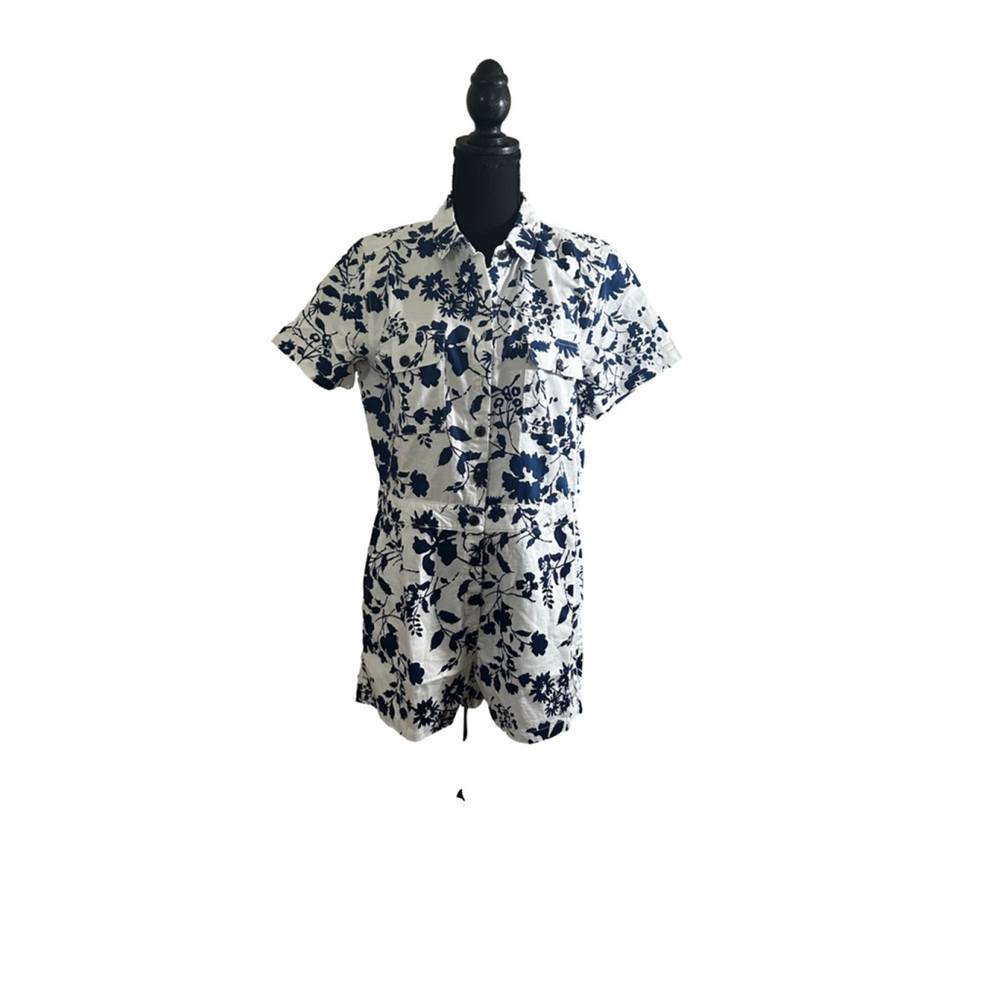 Outerknown Linen Organic Cotton Button-up White & Blue Floral Romper, M NWT